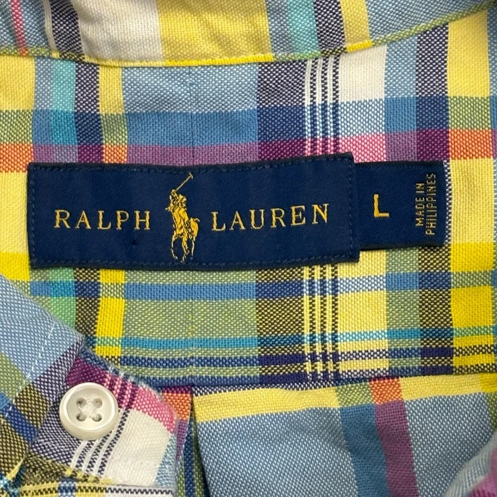 Polo Ralph Lauren Plaid Short Sleeve Button Down Shirt Men's Large Yellow Blue